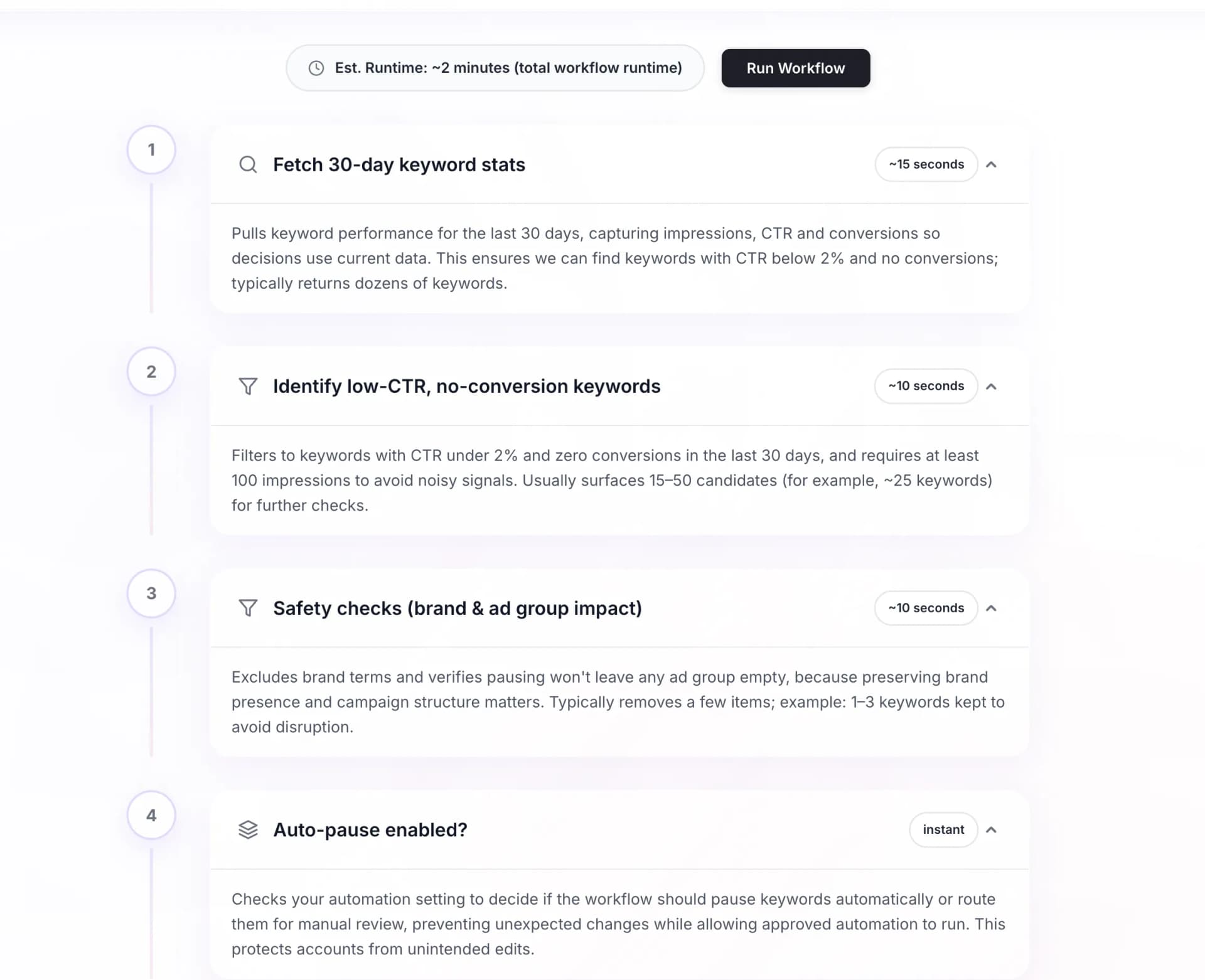 Learning insights panel showing workflow optimization suggestions
