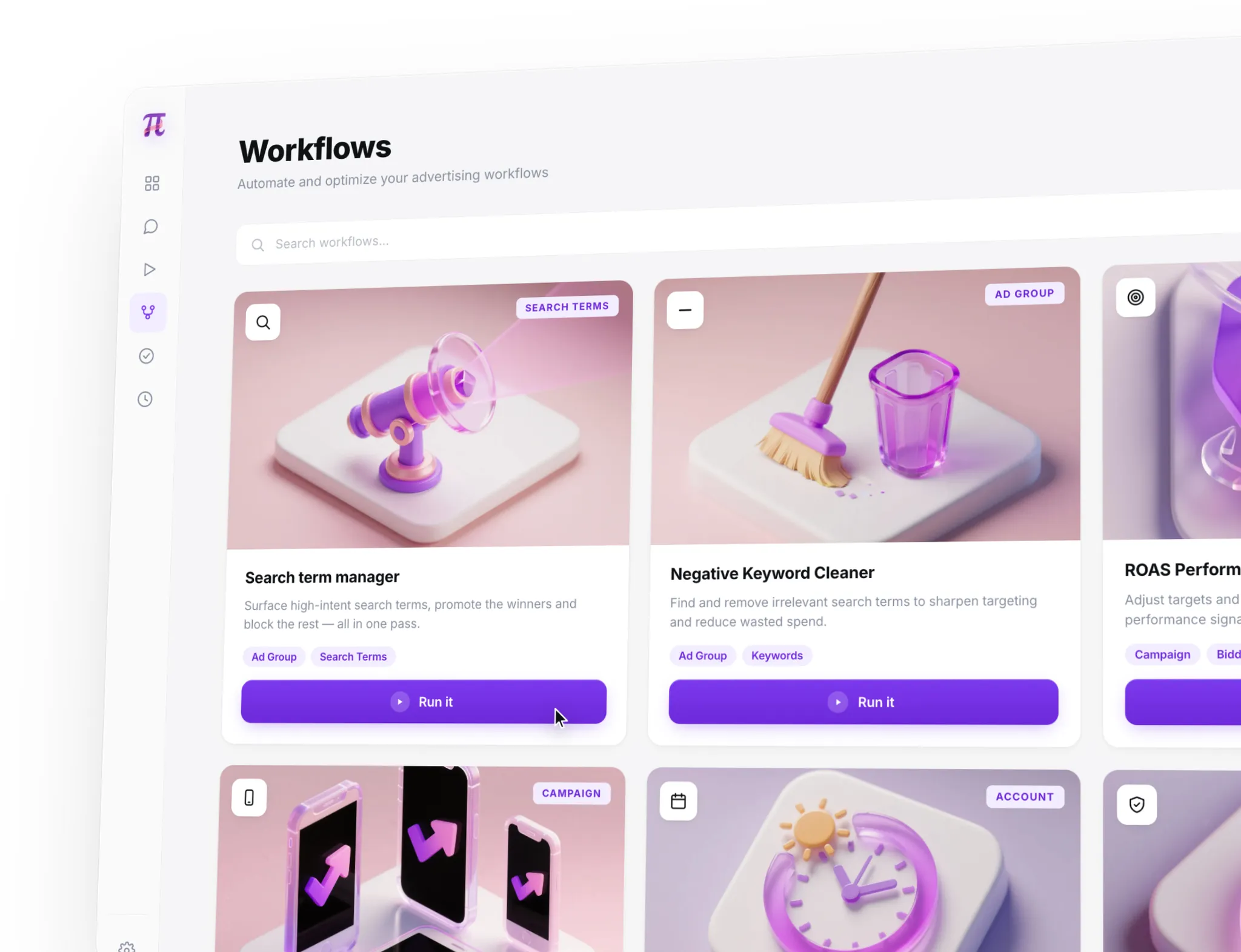 pi-automate workflows screen showing workflow cards